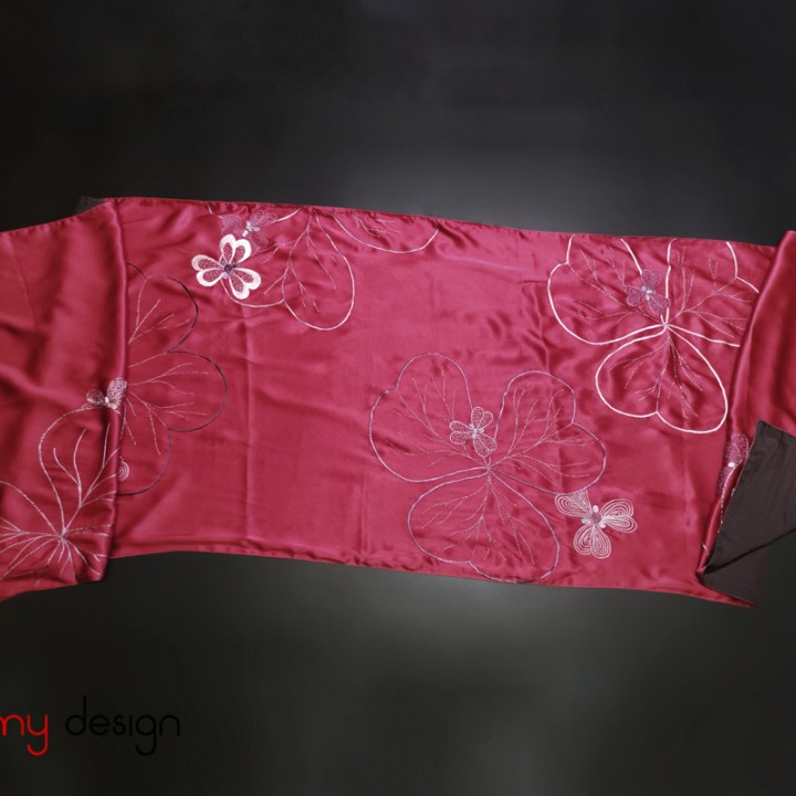 Red silk scarf hand-embroidered with flamboyant flower 60*200cm